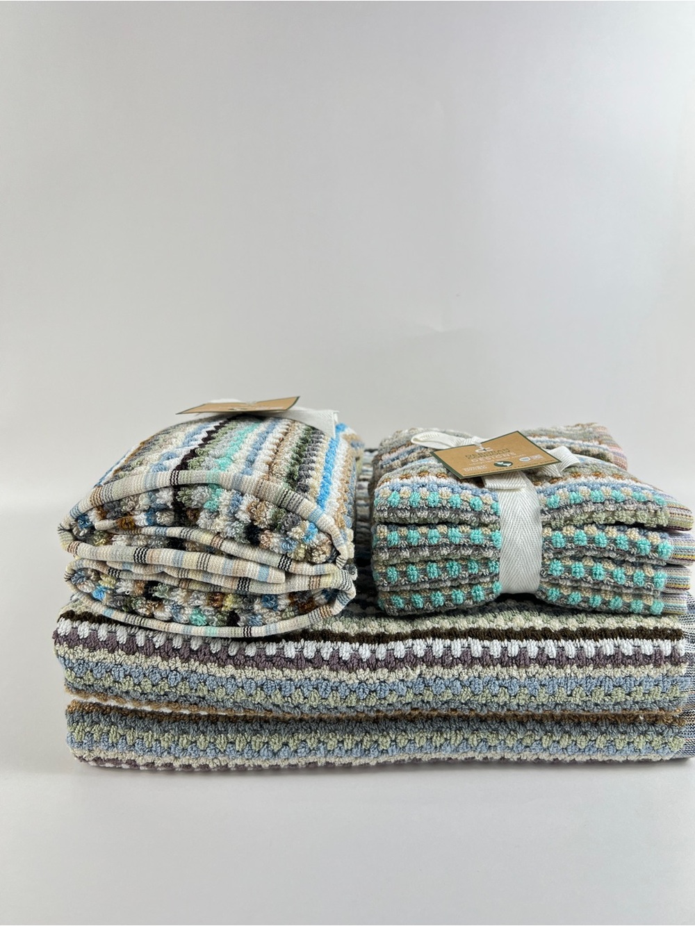 Deborah Connolly Bath Towel Set Striped Brown Green Aqua Cotton 8 Pc Set NEW